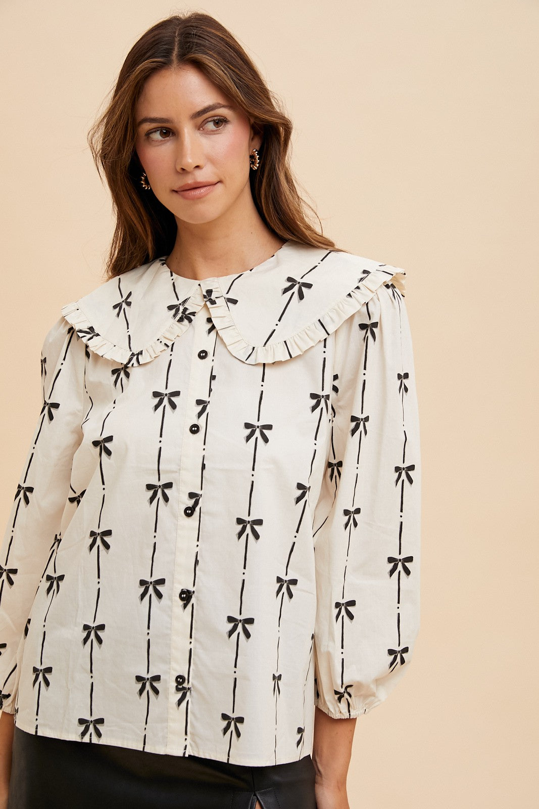 BOW PRINTED POPLIN BIG COLLAR BLOUSE