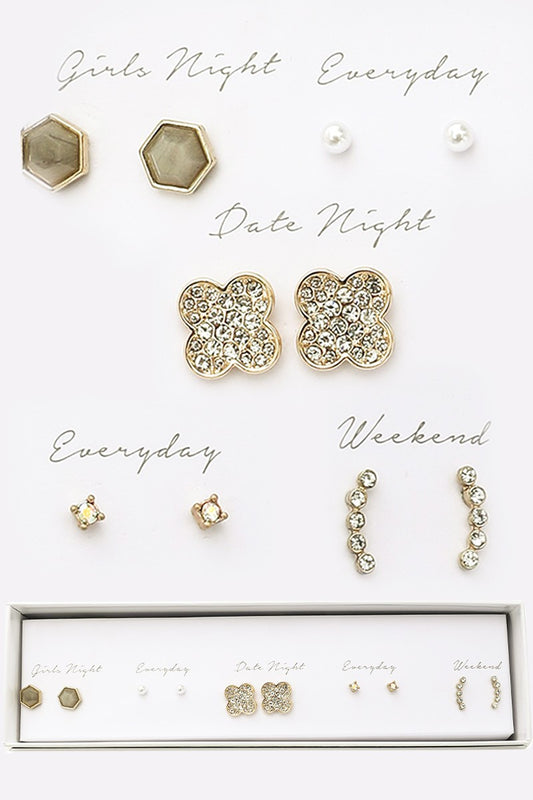 5 Pairs Multi-Designed Stud Earrings Set Gift Box