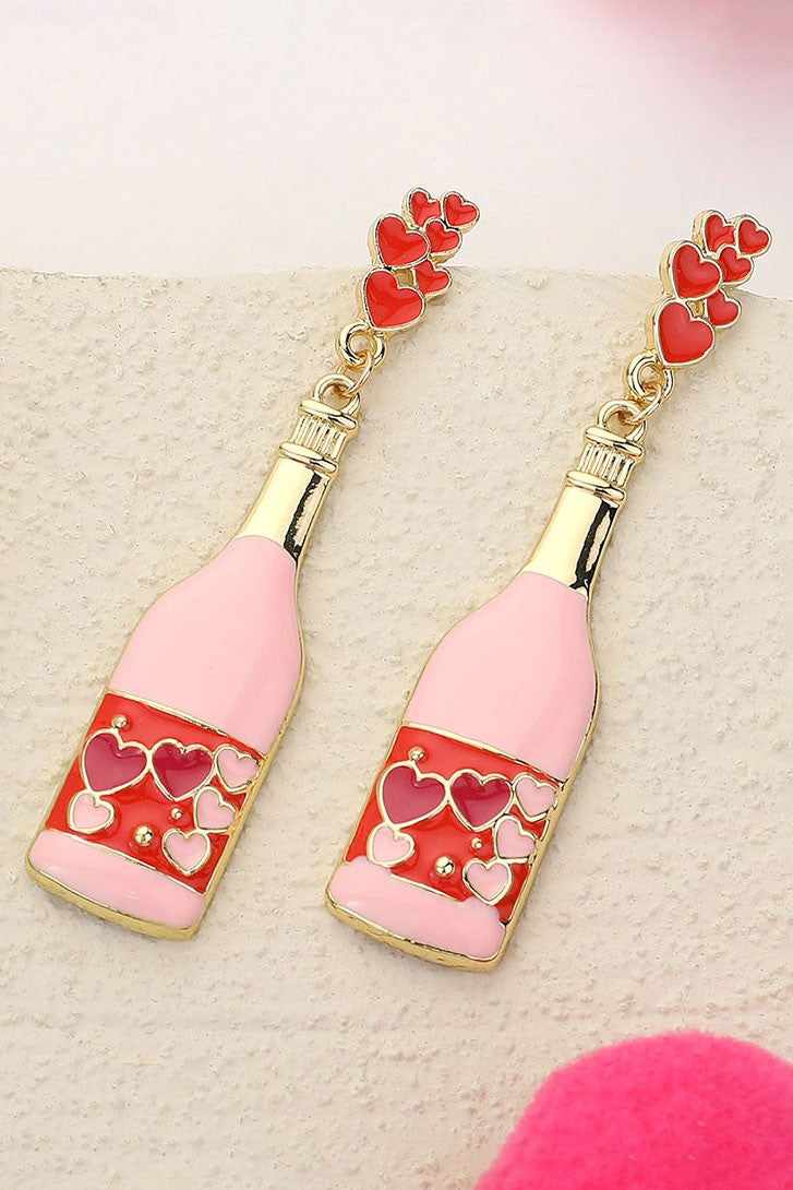 Enamel Heart Pink Champagne Bottle Dangle Earrings