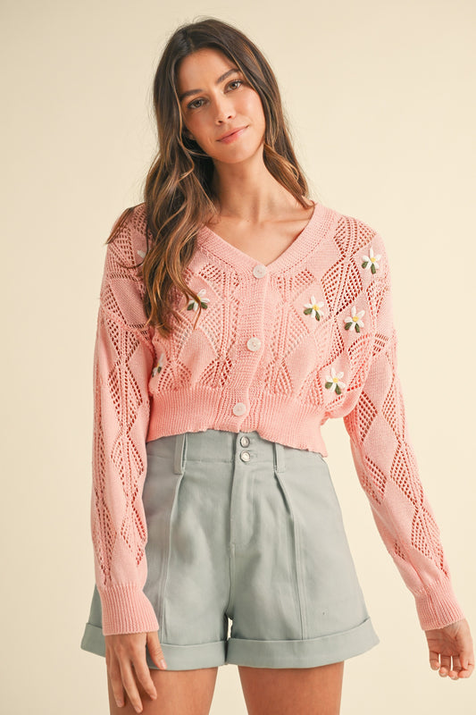 FLORAL APPLIQUE POINTELLE SWEATER CARDIGAN