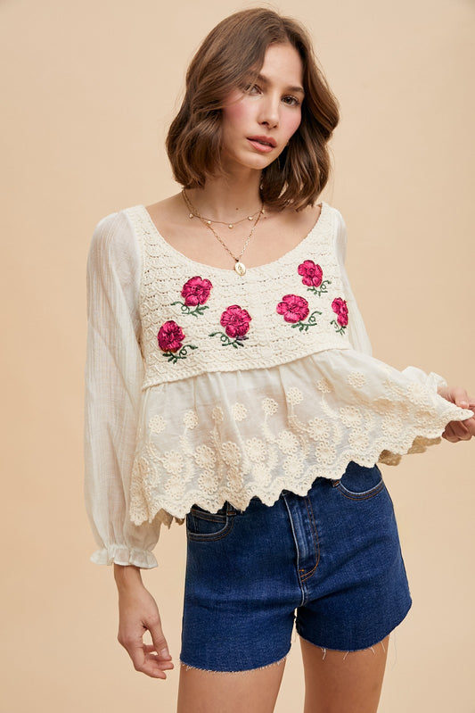 MIX MEDIA FLOWER EMBROIDERY CROCHET BLOUSE