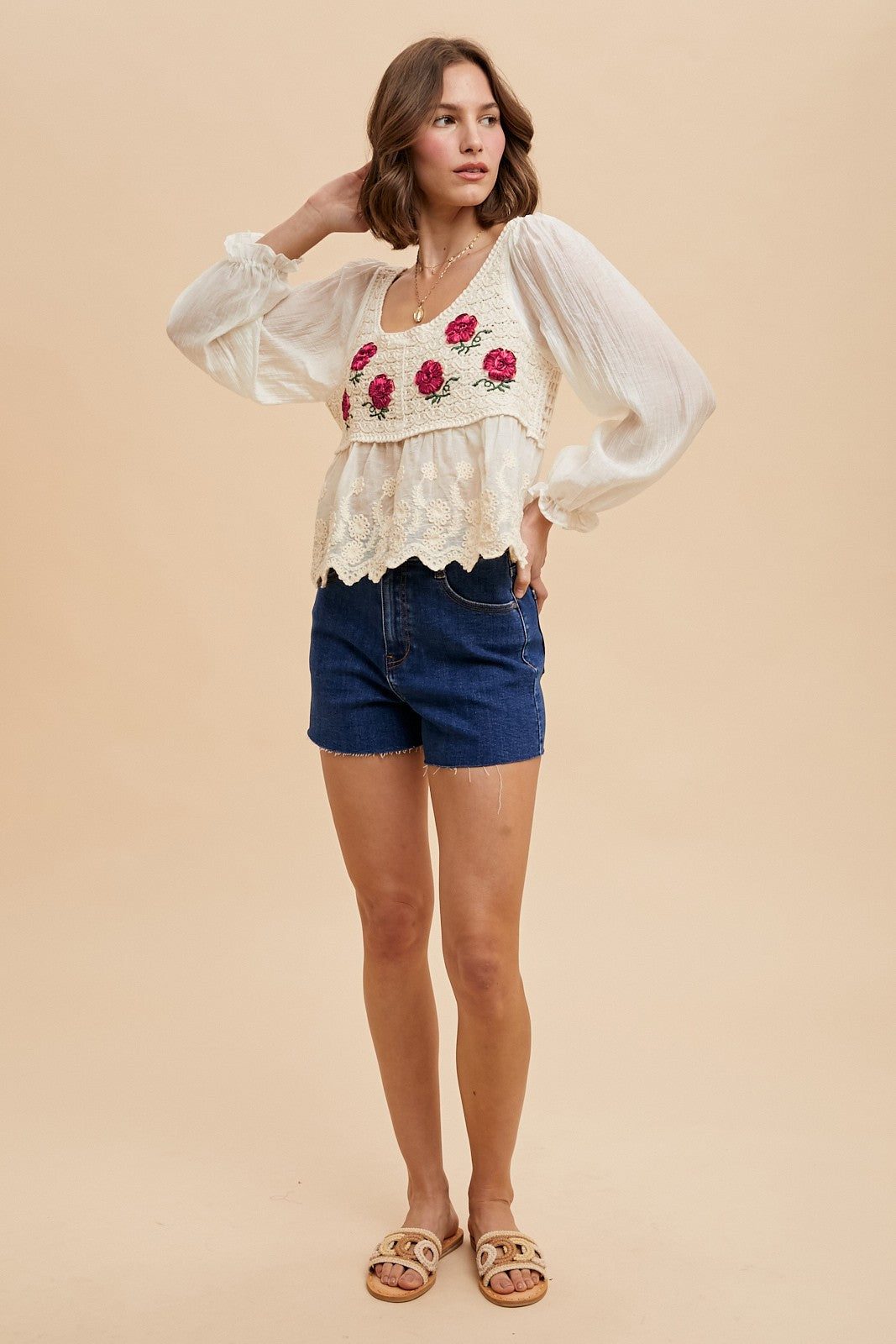 MIX MEDIA FLOWER EMBROIDERY CROCHET BLOUSE