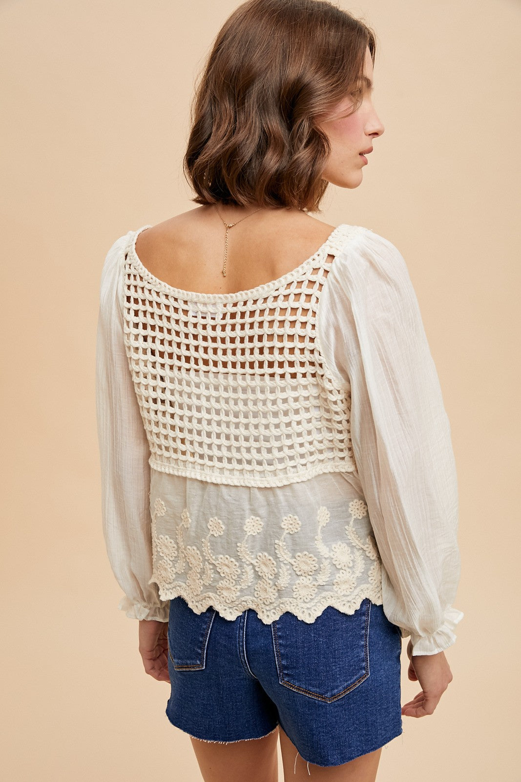 MIX MEDIA FLOWER EMBROIDERY CROCHET BLOUSE