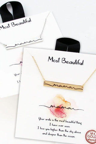 Gold Dipped Mama Engraved Bar Pendant Necklaces
