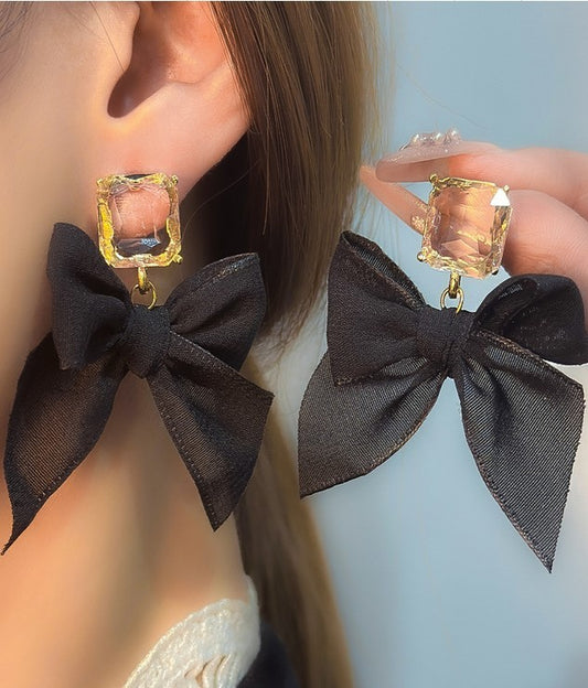 CLEAR STONE SHEER BOW DROP EARRINGS-PREORDER