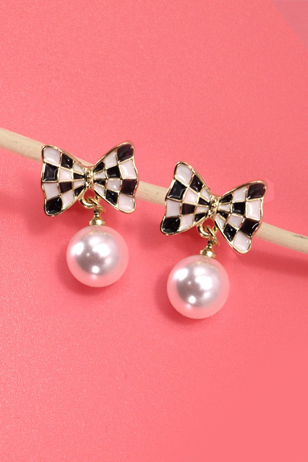 CHECKER BOW PEARL DROP EARRINGS-PREORDER