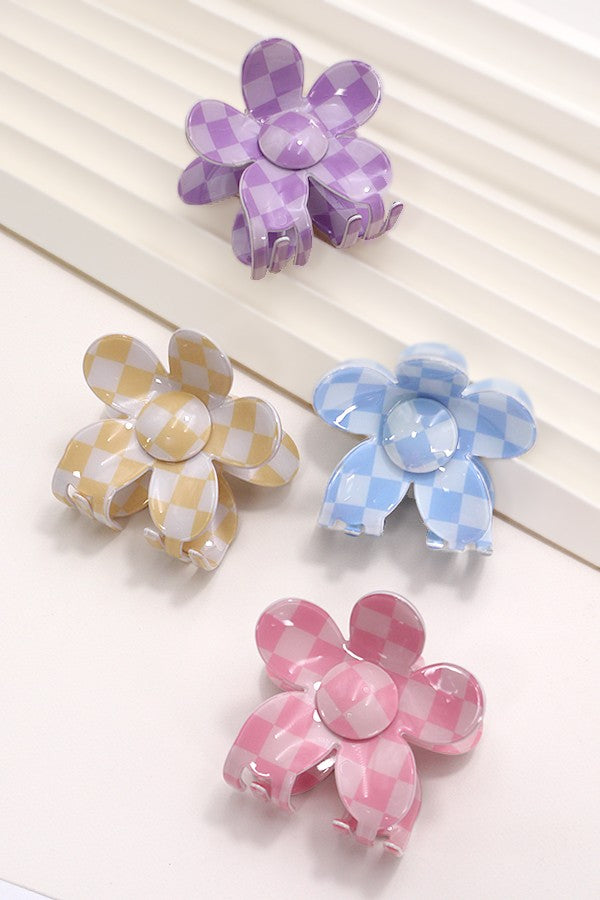 JUMBO LARGE CHECKERED FLOWER HAIR CLIPS