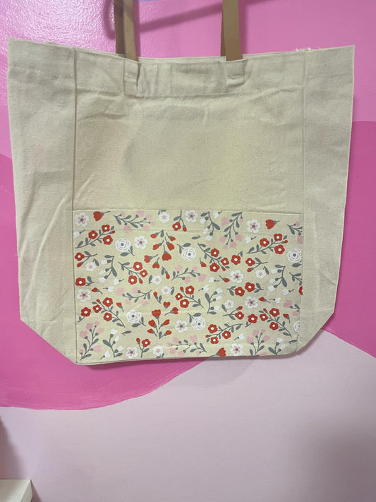 FLORAL RED POCKET TOTE